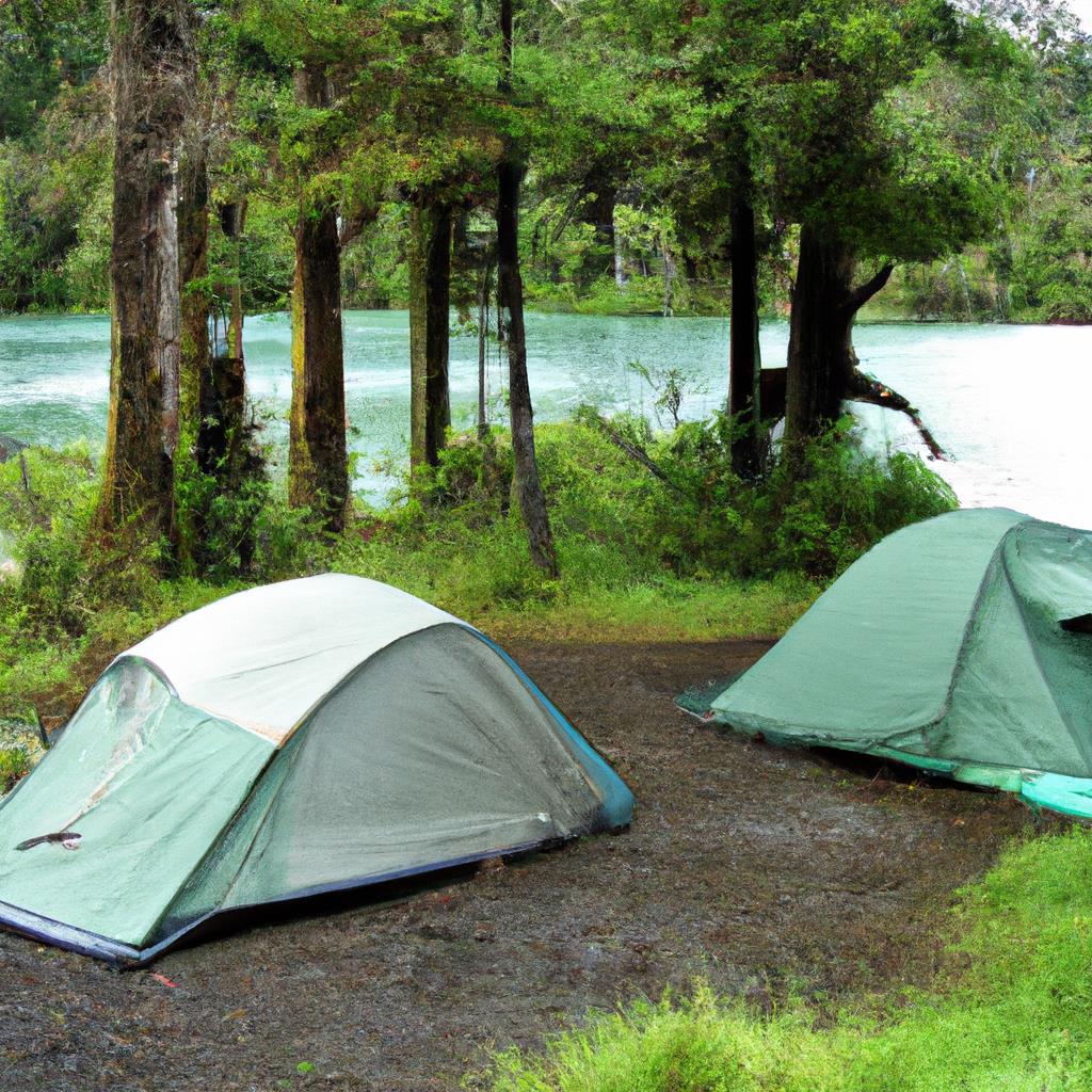 A tenting and camping site with colorful tents pitched in a lush green forest. Smoke rising from a campfire, surrounded by trees and the sound of chirping birds. A serene spot to relax and unwind in nature.