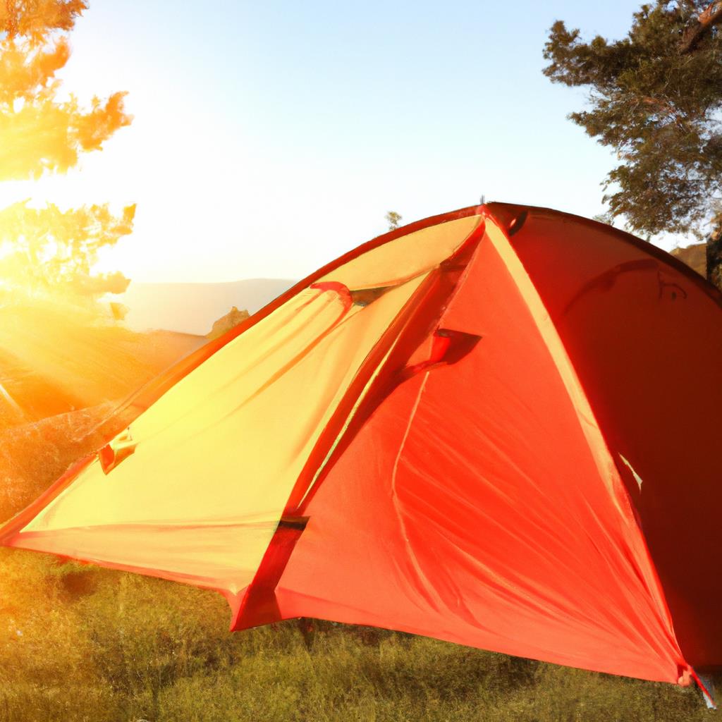 Tents set up around a campfire under the stars at a remote camping site in the mountains. Trees surround the area, creating a peaceful and serene atmosphere. Sleeping bags and camping gear scattered around the site.