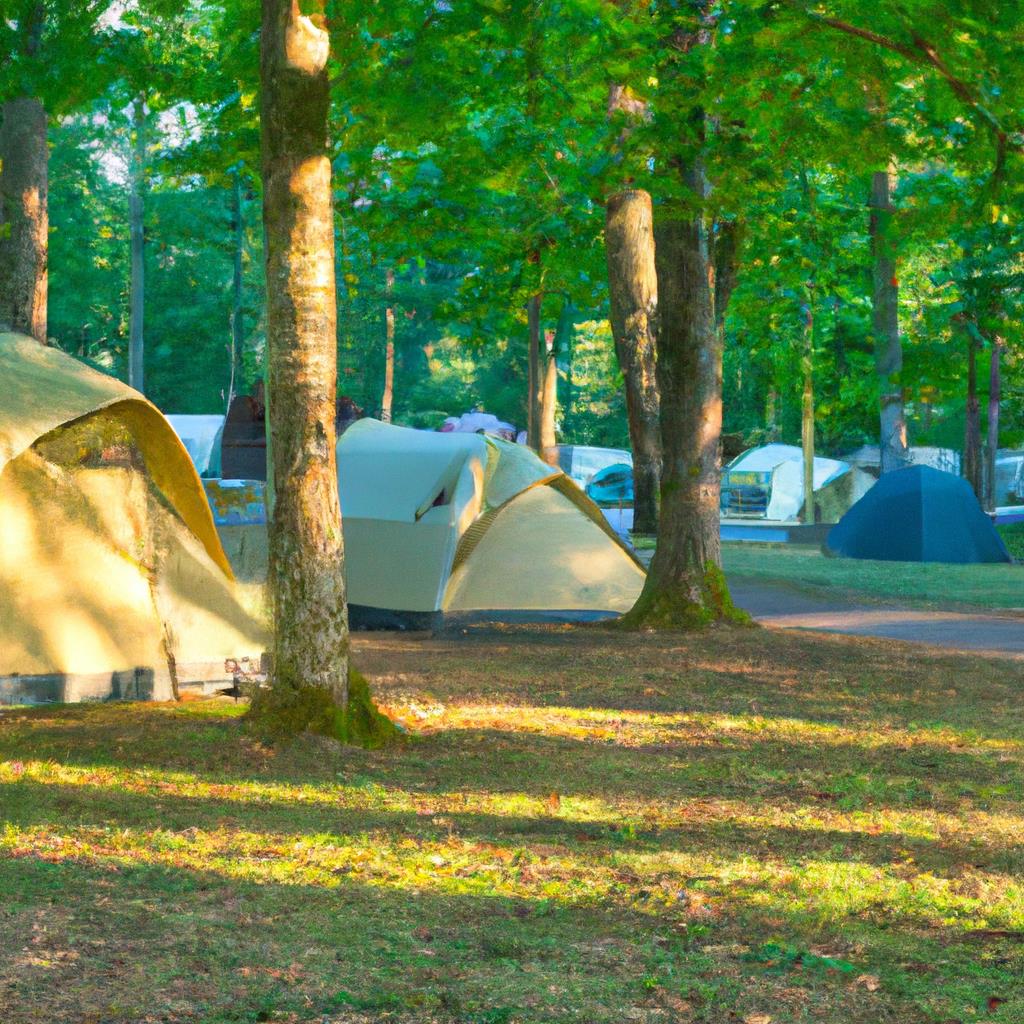 A-Frame tents and campfire at a secluded camping site in the mountains. Surrounded by tall pine trees, a cozy campsite with a picnic table and sleeping bags. Smoke rising from the fire pit as the sun sets behind the forest.