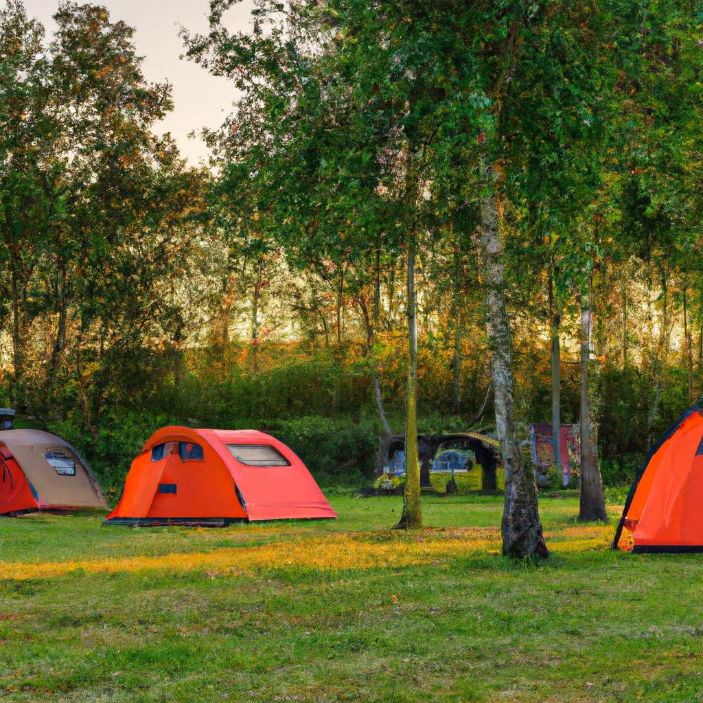 A tent pitched on a grassy camping site with surrounding trees. Campfire smoke rising into the sky. A picnic table with chairs set up nearby. A peaceful and serene setting for outdoor adventure and relaxation.