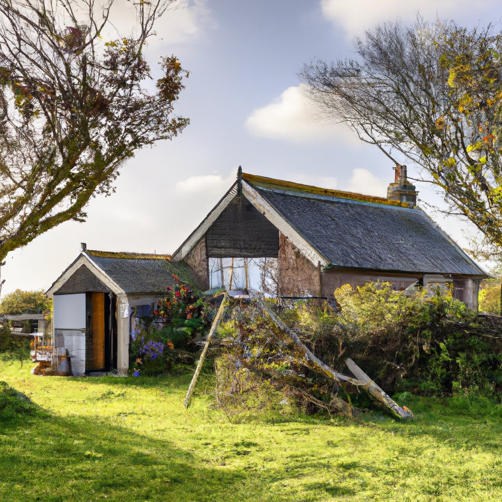 Charming-Cottage-Rentals-and-Countryside-Getaway-Experiences; A tranquil scene of a cozy cottage nestled among lush green trees, with a bubbling stream nearby. A perfect getaway to unwind and relax in the peaceful countryside, surrounded by nature and serenity.