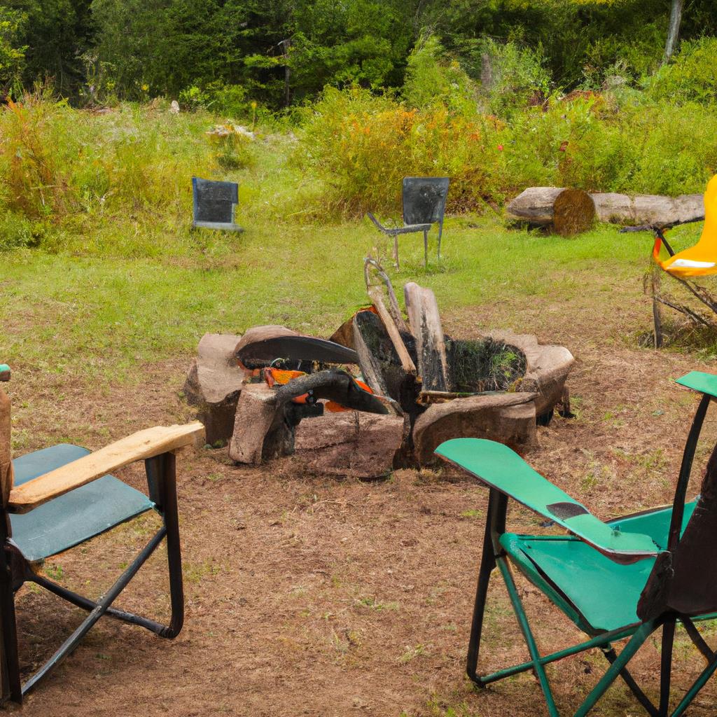 cozy, campfire, chairs, benches, setting